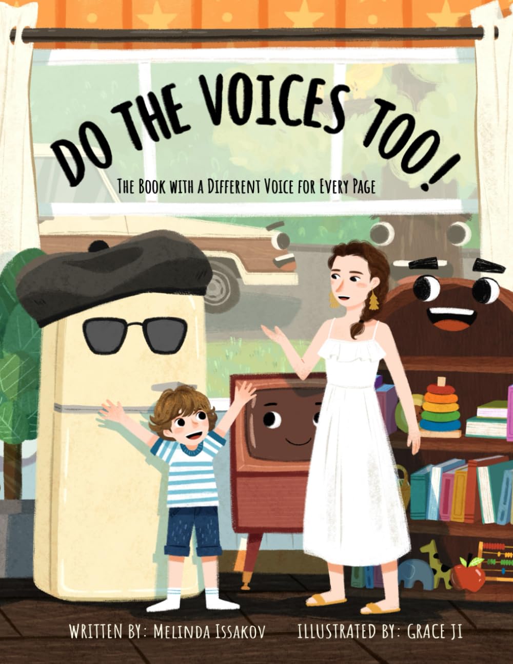 DO THE VOICES TOO interactive children's book cover featuring colorful illustrations encouraging silly character voices during bedtime reading
